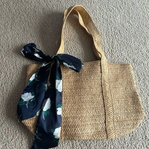 Draper James Tan Woven Tote with Navy Floral Scarf